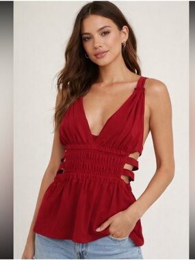 Express Red Smocked Cutout V-Neck Camisole